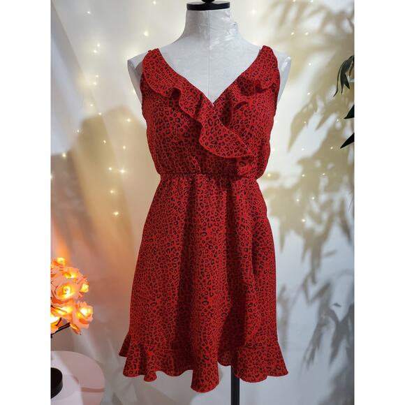 Divided H&M Red Leopard Animal Print Ruffle V Neck Mini Dress Womens Size 4 - Picture 1 of 8